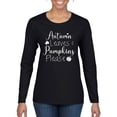 thumbnail image 1 of Wild Bobby Autumn Leaves and Pumpkins Please Black and White Distress Filter Halloween Women Graphic Long Sleeve Tee, Black, Small, 1 of 6