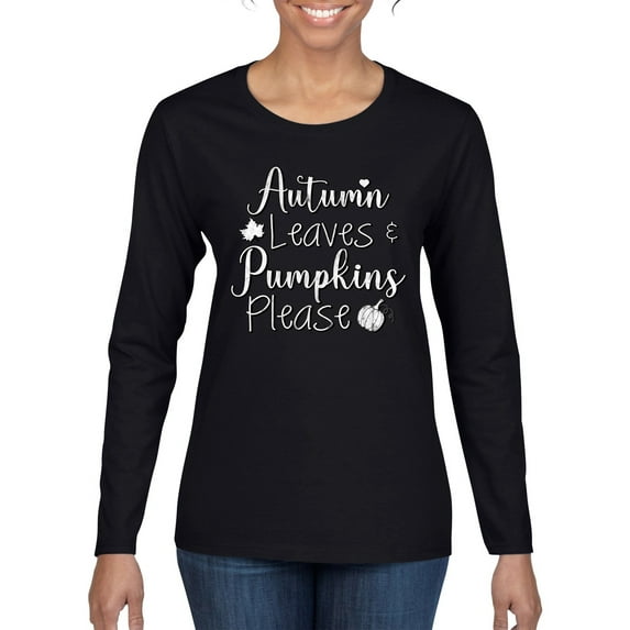 Wild Bobby Autumn Leaves and Pumpkins Please Black and White Distress Filter Halloween Women Graphic Long Sleeve Tee, Black, Small