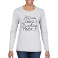 thumbnail image 1 of Wild Bobby Autumn Leaves and Pumpkins Please Black and White Distress Filter Halloween Women Graphic Long Sleeve Tee, White, Large, 1 of 6