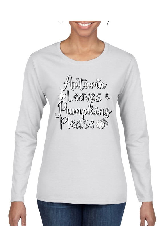 Autumn Leaves and Pumpkins Please Black and White Distress Filter Halloween Women Graphic Long Sleeve Tee, White, X-Large
