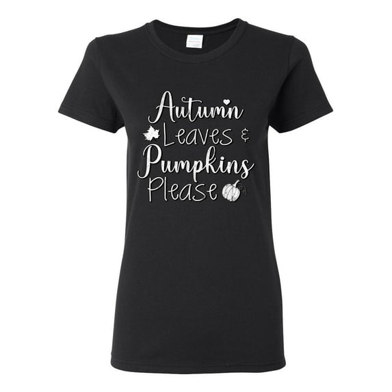Wild Bobby Autumn Leaves and Pumpkins Please Black and White Distress Filter Halloween Women Graphic Tee, Black, Small
