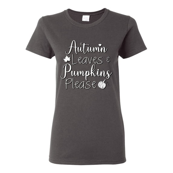 Wild Bobby Autumn Leaves and Pumpkins Please Black and White Distress Filter Halloween Women Graphic Tee, Charcoal, Large