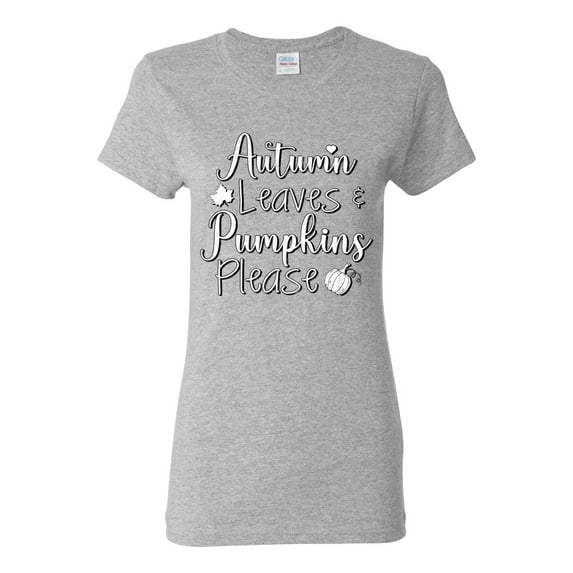 Wild Bobby Autumn Leaves and Pumpkins Please Black and White Distress Filter Halloween Women Graphic Tee, Heather Grey, Small