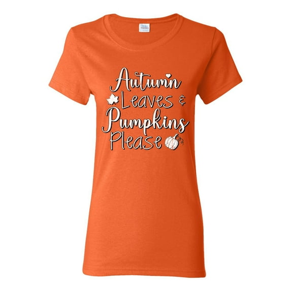 Wild Bobby Autumn Leaves and Pumpkins Please Black and White Distress Filter Halloween Women Graphic Tee, Orange, Large