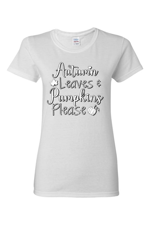 Autumn Leaves and Pumpkins Please Black and White Distress Filter Halloween Women Graphic Tee, White, Medium