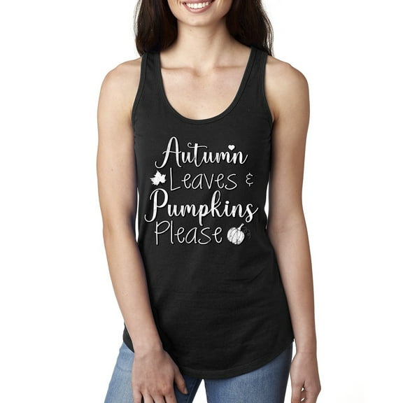 Wild Bobby Autumn Leaves and Pumpkins Please Black and White Distress Filter Halloween Women Racerback Tank Top, Black, Small