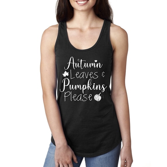 Wild Bobby Autumn Leaves and Pumpkins Please Black and White Distress Filter Halloween Women Racerback Tank Top, Black, X-Large