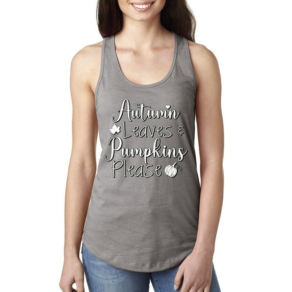 Wild Bobby Autumn Leaves and Pumpkins Please Black and White Distress Filter Halloween Women Racerback Tank Top, Heather Grey, Large