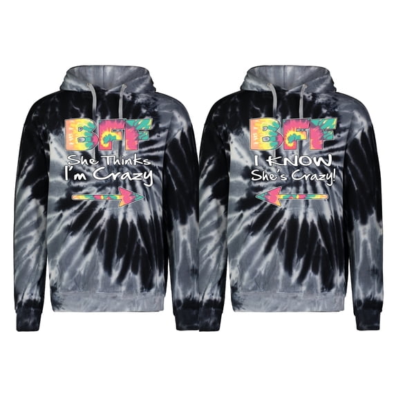 BFF She Thinks I'm Crazy I Know She's Crazy Matching Couples Tie Dye Hooded Sweatshirt, Spiral Black, I'm Crazy L-She's Crazy M