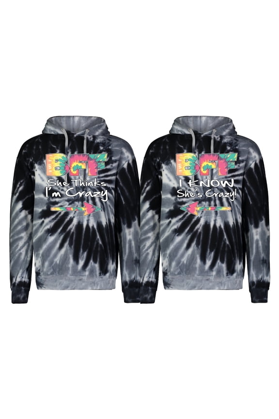 , BFF She Thinks I'm Crazy I Know She's Crazy Matching Couples Tie Dye Hooded Sweatshirt, Spiral Black, I'm Crazy XL-She's Crazy 2XL