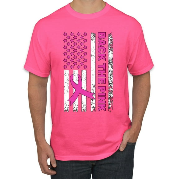 Wild Bobby Back the Pink American Flag Breast Cancer Awareness Men Tee, Neon Pink, Large
