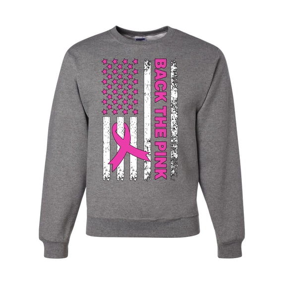 Wild Bobby Back the Pink American Flag Breast Cancer Awareness Unisex Crewneck Sweatshirt, Heather Grey, Large