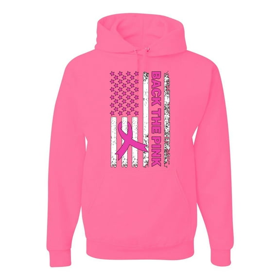 Wild Bobby Back the Pink American Flag Breast Cancer Awareness Unisex Hoodie Sweatshirt, Neon Pink, Small