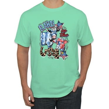 Wild Bobby Barn In The USA Red White and Blue Cows Pop Culture Men Tee, Mint, Small