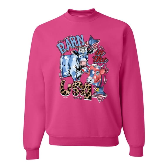 Wild Bobby Barn In The USA Red White and Blue Cows Pop Culture Unisex Crewneck Sweatshirt, Fuschia, Medium