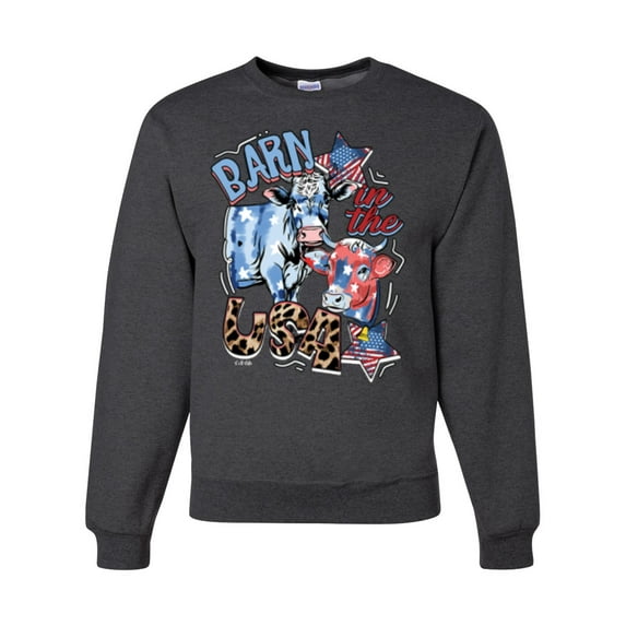 Wild Bobby Barn In The USA Red White and Blue Cows Pop Culture Unisex Crewneck Sweatshirt, Heather Black, X-Large