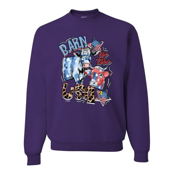Wild Bobby Barn In The USA Red White and Blue Cows Pop Culture Unisex Crewneck Sweatshirt, Purple, Medium