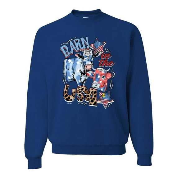 Wild Bobby Barn In The USA Red White and Blue Cows Pop Culture Unisex Crewneck Sweatshirt, Royal, 3X-Large