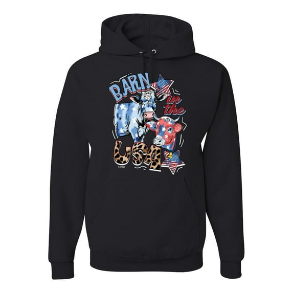 Wild Bobby Barn In The USA Red White and Blue Cows Pop Culture Unisex Hoodie Sweatshirt, Black, Small