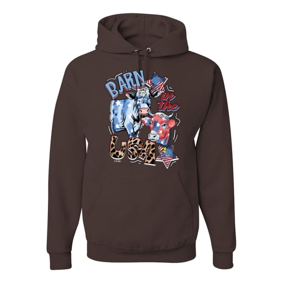 Wild Bobby Barn In The USA Red White and Blue Cows Pop Culture Unisex Hoodie Sweatshirt, Brown, Small