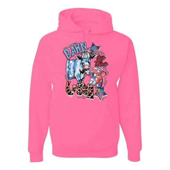 Wild Bobby Barn In The USA Red White and Blue Cows Pop Culture Unisex Hoodie Sweatshirt, Neon Pink, XX-Large