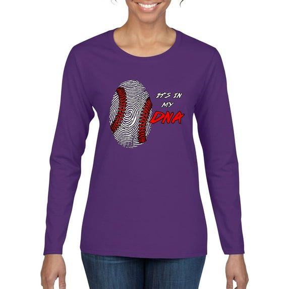 Wild Bobby, Baseball Fingerprint It's In My DNA, Sports, Women Graphic Long Sleeve Tee, Purple, Small
