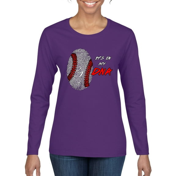 Wild Bobby, Baseball Fingerprint It's In My DNA, Sports, Women Graphic Long Sleeve Tee, Purple, X-Large