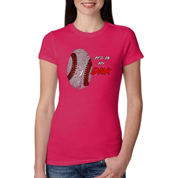 Wild Bobby, Baseball Fingerprint It's In My DNA, Sports, Women Slim Fit Junior Tee, Raspberry, Small