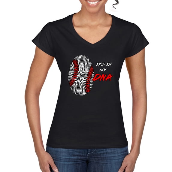Wild Bobby, Baseball Fingerprint It's In My DNA, Sports, Women Standard V-Neck Tee, Black, Small