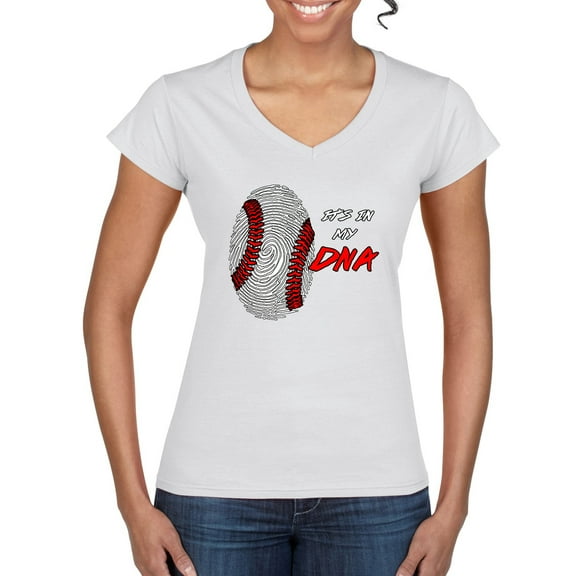 Wild Bobby, Baseball Fingerprint It's In My DNA, Sports, Women Standard V-Neck Tee, White, Medium