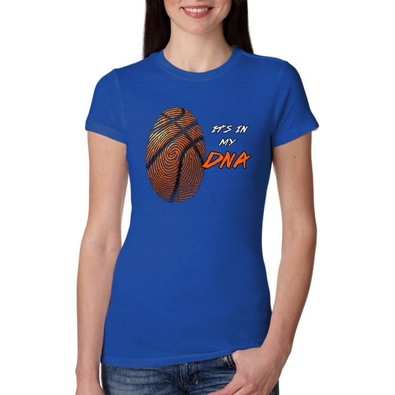 Wild Bobby, Basketball Fingerprint It's In My DNA, Sports, Women Slim Fit Junior Tee, Royal, Medium