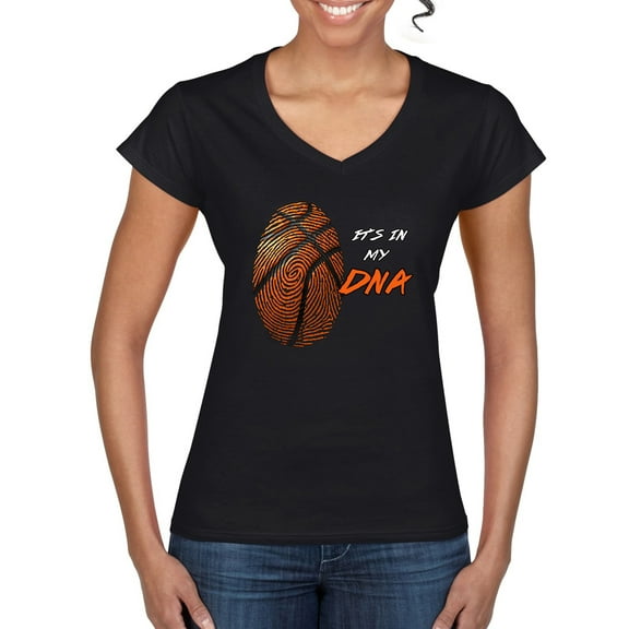 Wild Bobby, Basketball Fingerprint It's In My DNA, Sports, Women Standard V-Neck Tee, Black, Large
