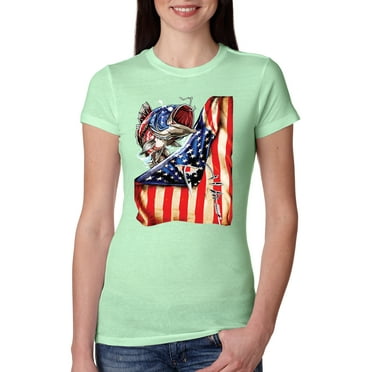 Wild Bobby Bass US Flag Patriotic Eagle Women Slim Fit Junior Tee, Mint, X-Large