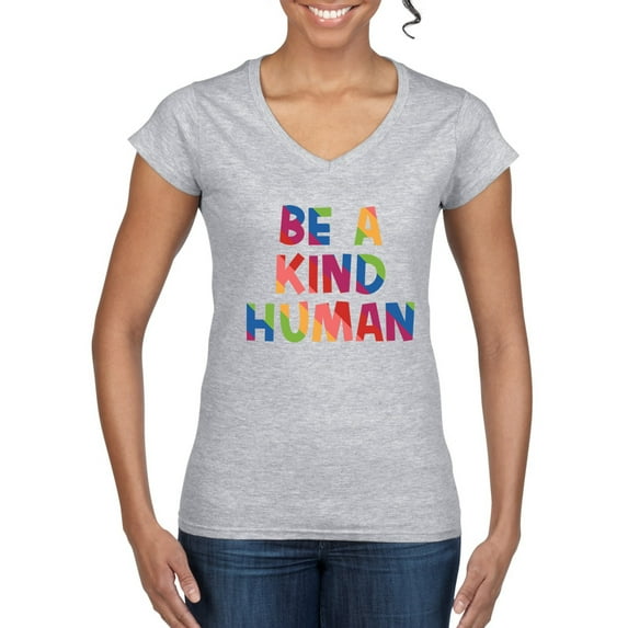 Wild Bobby Be A Kind Human Positive Inspirational Slogan Inspirational/Christian Women Standard V-Neck Tee, Heather Grey, Small