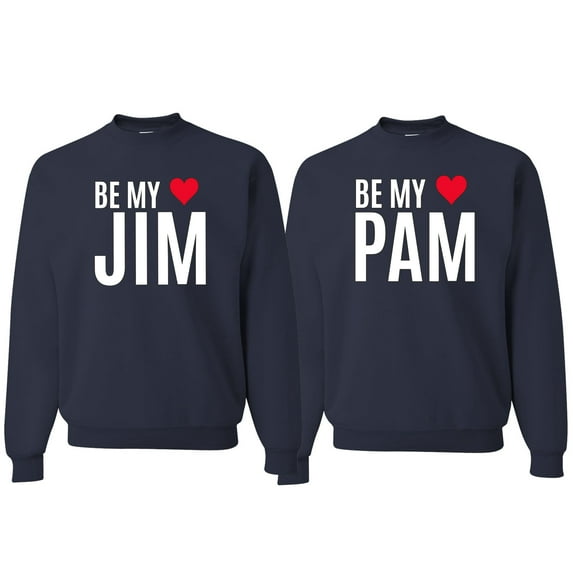 Wild Bobby, Be My Jim Pam Cute The Office His/Her Couples/ Best Friends Matching Couples Crewneck Sweater, Navy, Mens XL-Womens S