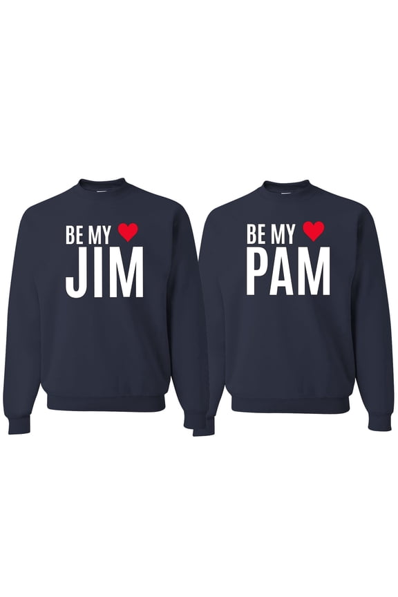 , Be My Jim Pam Cute The Office His/Her Couples/ Best Friends Matching Couples Crewneck Sweater, Navy, Mens XL-Womens S