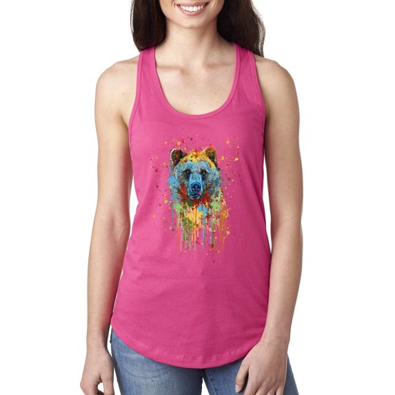 Wild Bobby, Bear Painting Splatter Abstract Art Animal Lover Ladies Racerback Tank Top, Raspberry, Medium