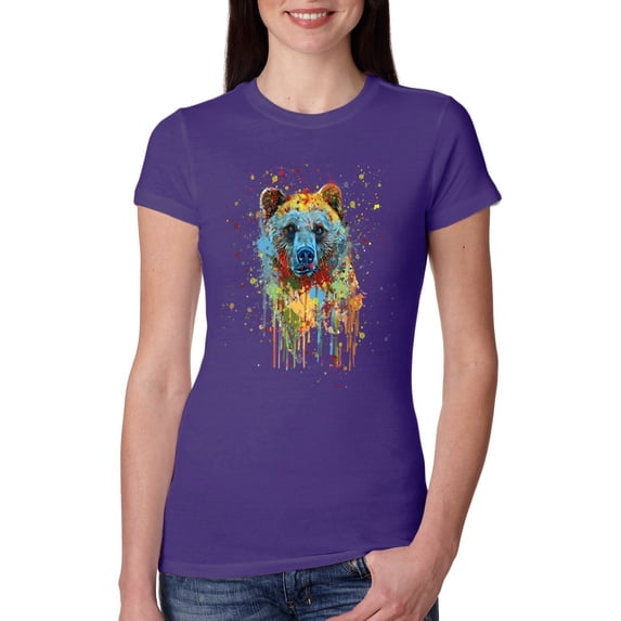 Wild Bobby, Bear Painting Splatter Abstract Art Animal Lover Womens Slim Fit Junior Tee, Purple Rush, Small