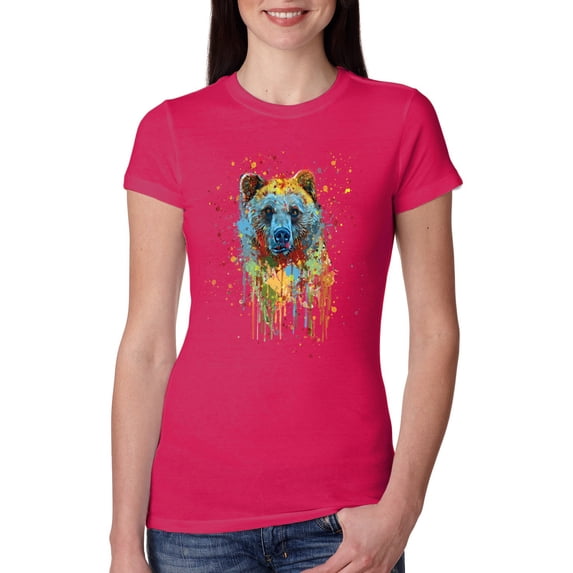 Wild Bobby, Bear Painting Splatter Abstract Art Animal Lover Womens Slim Fit Junior Tee, Raspberry, Large