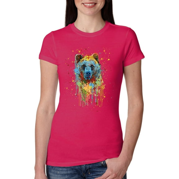 Wild Bobby, Bear Painting Splatter Abstract Art Animal Lover Womens Slim Fit Junior Tee, Raspberry, Small