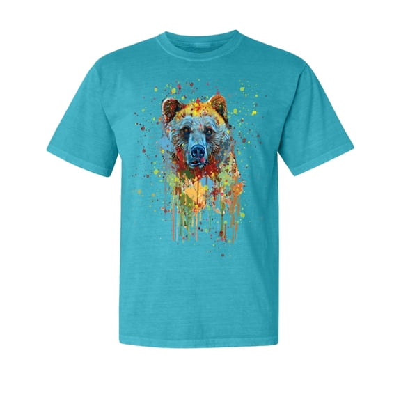 Wild Bobby, Bear Painting Splatter, Animal Lover, Garment-Dyed Washed Look Short Sleeve T-Shirt, Blue Lagoon, Small