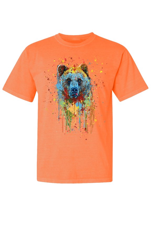 , Bear Painting Splatter, Animal Lover, Garment-Dyed Washed Look Short Sleeve T-Shirt, Neon Orange, Large
