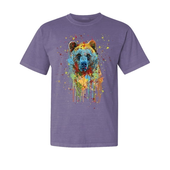 Wild Bobby, Bear Painting Splatter, Animal Lover, Garment-Dyed Washed Look Short Sleeve T-Shirt, Purple, Medium