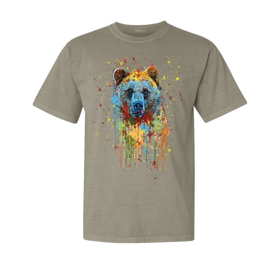 Wild Bobby, Bear Painting Splatter, Animal Lover, Garment-Dyed Washed Look Short Sleeve T-Shirt, Sand, 2XL