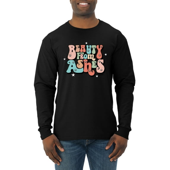 Wild Bobby Beauty From Ashes Groovy Font With Stars Vintage Men Long Sleeve Shirt, Black, Small