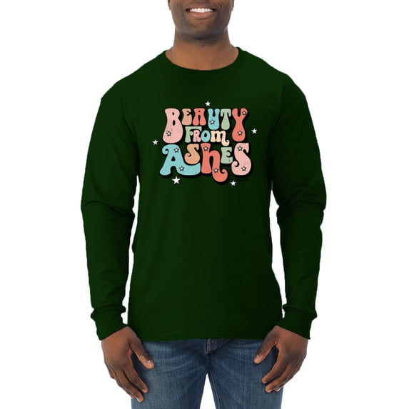 Wild Bobby Beauty From Ashes Groovy Font With Stars Vintage Men Long Sleeve Shirt, Forest Green, Small