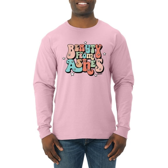 Wild Bobby Beauty From Ashes Groovy Font With Stars Vintage Men Long Sleeve Shirt, Light Pink, Large