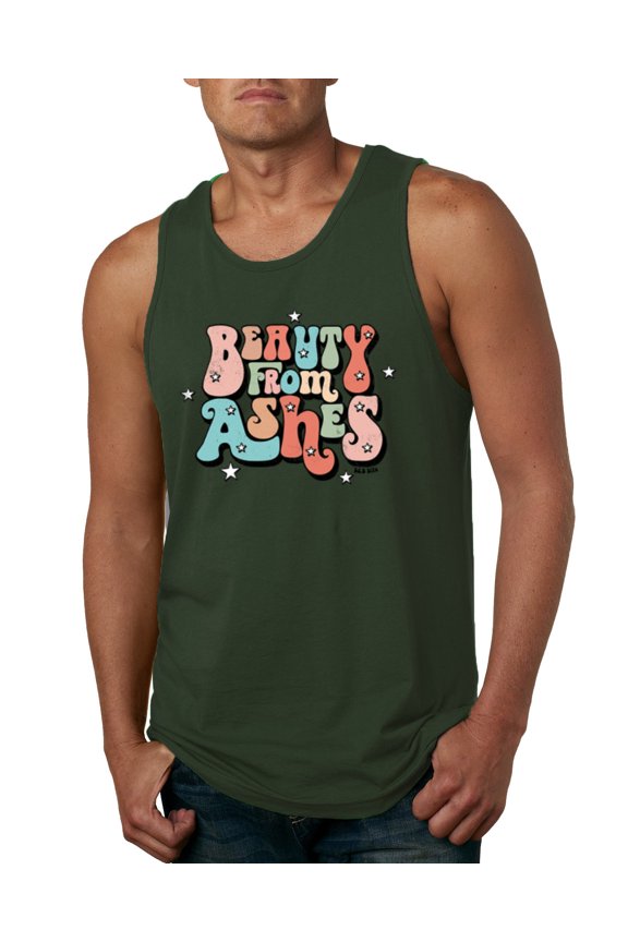 Beauty From Ashes Groovy Font With Stars Vintage Men Tank Top, Forest Green, Large