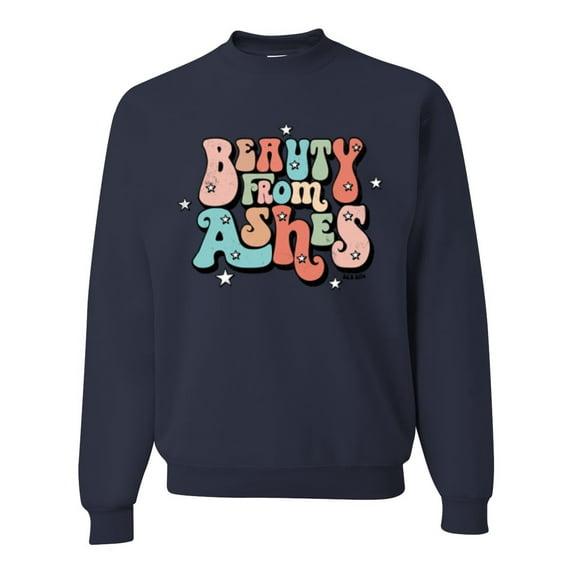 Wild Bobby Beauty From Ashes Groovy Font With Stars Vintage Unisex Crewneck Sweatshirt, Navy, XX-Large