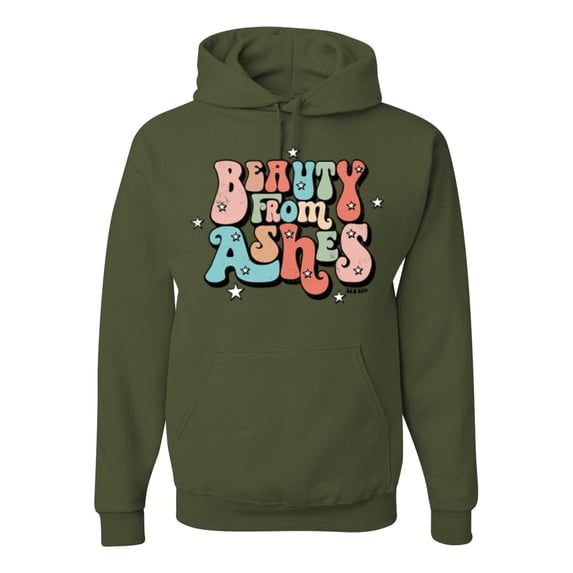 Wild Bobby Beauty From Ashes Groovy Font With Stars Vintage Unisex Hoodie Sweatshirt, Military Green, Small